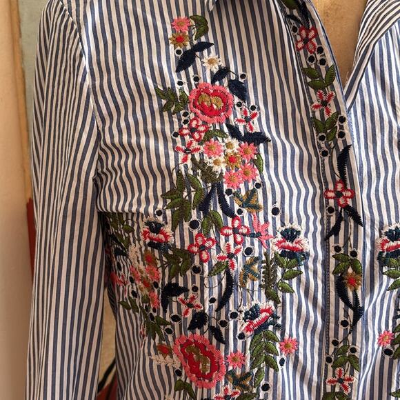 Pretty Floral Embroidered Oxford Stripe Button Down Shirt - Picture 1 of 7